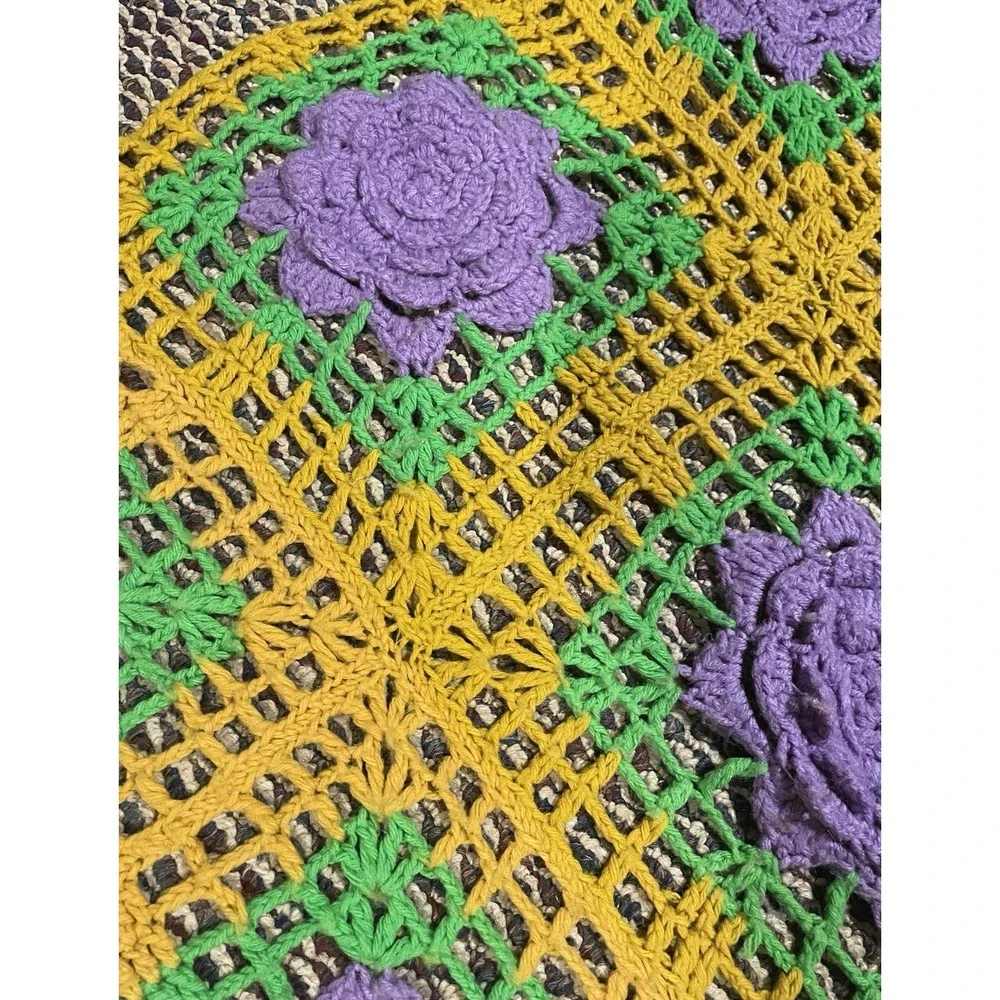 Handmade Crochet Knit Sofa Throw Granny Blanket 3D Afghan Roses Floral Cottage